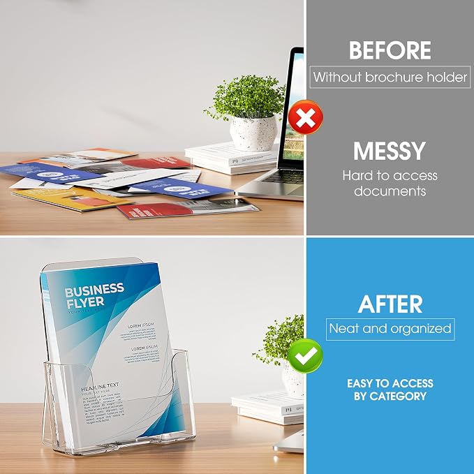 KTRIO Acrylic Brochure Holder 6 x 9, 2 Pack Bi-fold Flyer Display Stand | Desktop/Wall-Mount, Clear Plastic Stand Fits 6" Wide Magazines, Pamphlets, Booklets, Journals, Menus, Business Papers