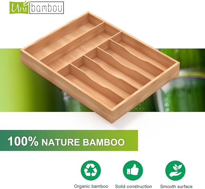 Unibambou Bamboo Utensil Drawer Organizer, Silverware Tray Organizer, Kitchen Drawer Organizer for Flatware Cutlery, Silverware Tray for Drawer (Natural, Large 12x16.5 Inch)