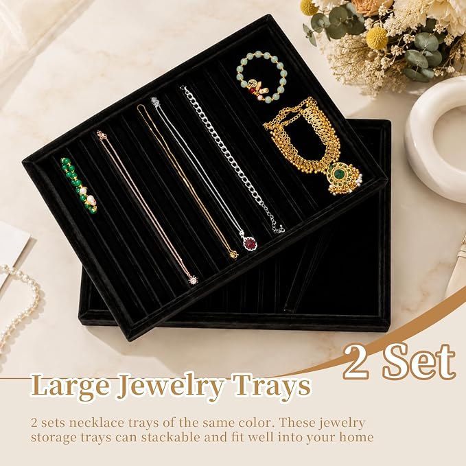2 Sets Large Jewelry Trays with Drawer Insert Velvet Jewelry Organizer Tray for Women, Jewelry Display Trays with 16 Grids