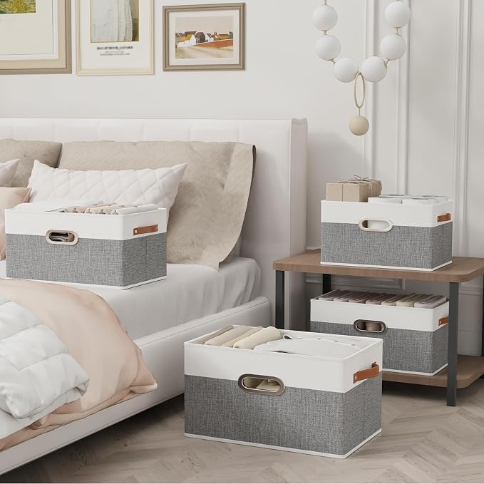 Yawinhe Collapsible Fabric Storage Bins,15.0x9.8x8.3in,White/Grey,4-Pack | Foldable Storage Baskets for Shelves, Closet Boxes for Organization, Washable Closet Organizer for Towels, Canvas Bins