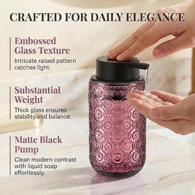 Pink Glass Liquid Hand Soap Dispenser with Matte Black Pump Thick Embossed Bottle Refillable for Bathroom and Kitchen Decor 13.5 oz