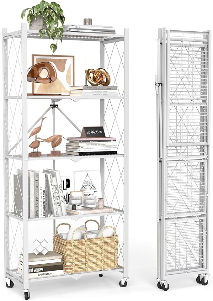 5 Tier Foldable Storage Shelves with Wheels -No Assembly Metal Folding Shelves Collapsible Shelving Unit Display Heavy Duty Rolling Shelf for Home Kitchen Office Room (White, 64" x 13" x 27")