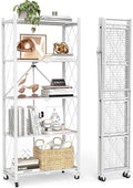 5 Tier Foldable Storage Shelves with Wheels -No Assembly Metal Folding Shelves Collapsible Shelving Unit Display Heavy Duty Rolling Shelf for Home Kitchen Office Room (White, 64" x 13" x 27")