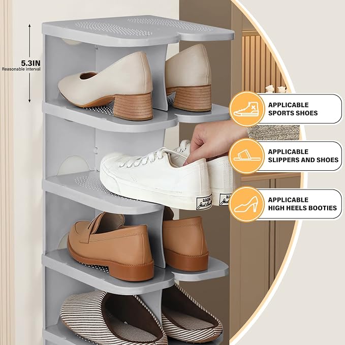 6-Tier Thickening Cubby Shoe Rack, Free Combination Shoe Organizer for Closet, Free Standing Shoe Tower, Stackable Space-Saving Adjustable Shoe Storage Shelf, Grey