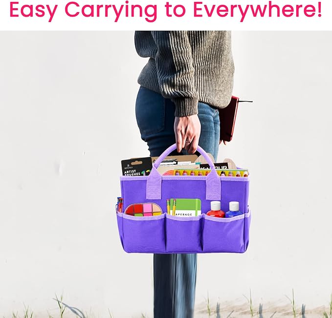 Desktop Tote and Organizer, Teacher Helper caddy Bag for Arts, Books, Stationery, Office Desk Organization, Make-up Storage with Handles for Travel (Purple)