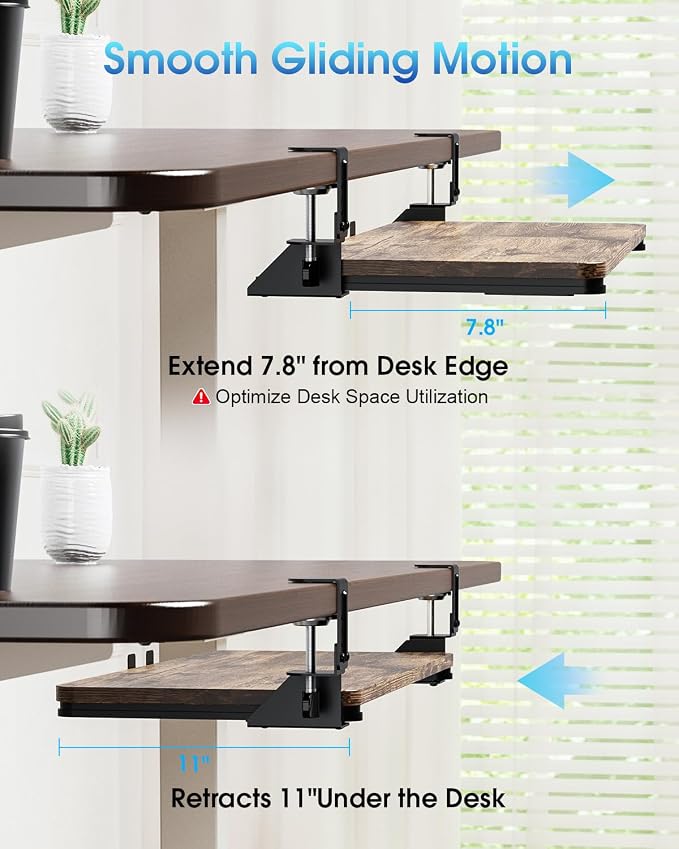 Small Keyboard Tray Under Desk, Pull Out Keyboard & Mouse Tray with Adjustable C-clamp, 20(25.9 Including Clamps) x 11.8 Inch Slide Out Computer Keyboard Drawer Mouse Tray for Typing, Brown