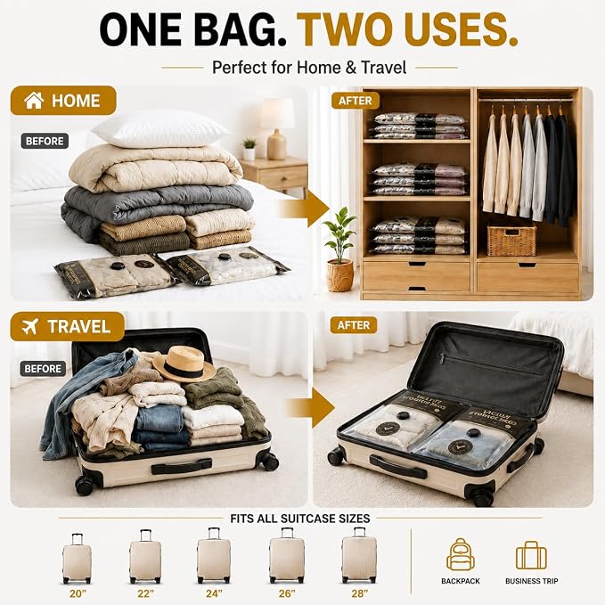 Vacuum Storage Bags with Electric Pump, Travel Vacuum Bags with USB-C Pump, Vacuum Seal Bags for Clothing Travel, Compression Sacks for Suitcase Packing, Reusable Space Saver Bags (10 Pack)