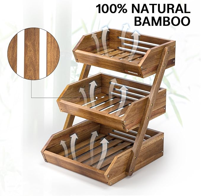 G.a HOMEFAVOR Fruit Basket: 3-Tier Acacia Wood Fruit Bowl for Kitchen, Fruit Stand Storage Holder for Vegetables and Snack Home Kitchen Countertop Organizer (Self-assembly)