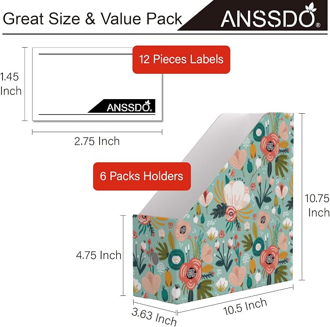 ANSSDO 6 Pack Cardboard Magazine File Holder Organizer - Teal Floral | 12 Pieces Lable Included; Easy Assemble and Label; Large Volume Recycable Storage Box for Letter-sized Documents or Textbooks