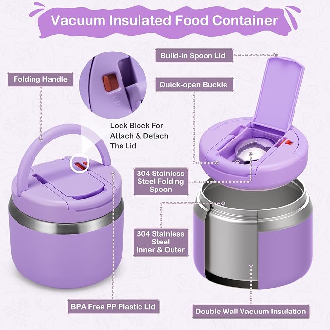 MAXSO 14oz Vacuum Insulated Food Jar with Spoon Buckle Lid, Kids Soup Thermo for Hot Food Wide Mouth Leakproof Stainless Steel Lunch Container - Purple