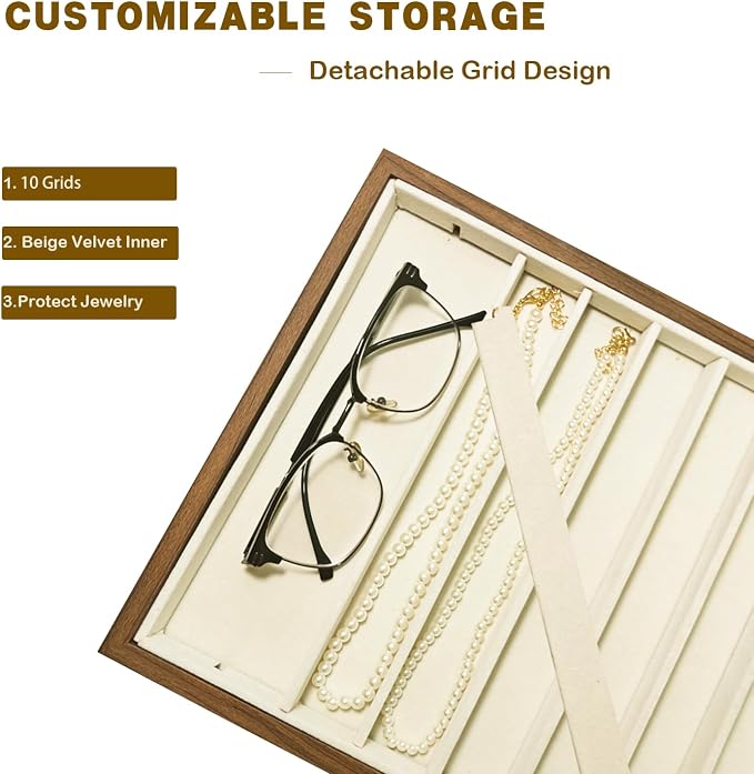 2 Pcs Large Velvet Jewelry Trays for Drawers Stackable Jewelry Drawer Organizer Inserts for Vendors Jewelry Display for Rings Necklace Bracelets Earrings and Studs Earrings (Beige, 2 Pcs 10 Grids)