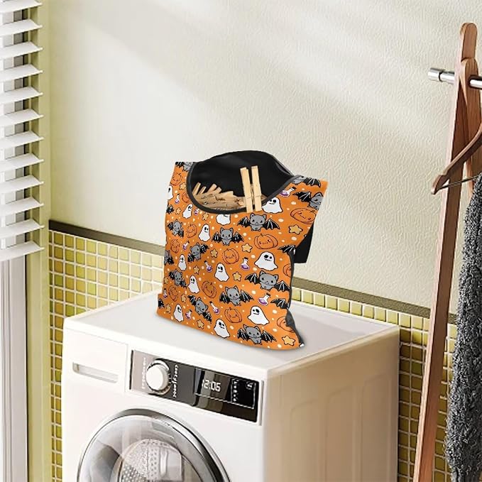 Orange Pumkpin Clothespin Bag Space-Saving Ghost Laundry Hanging Storage Organizer Clothes Pin Hanging Bag Waterproof Clothes Pins for Clothesline Outdoor Clothespins Accessory Bag