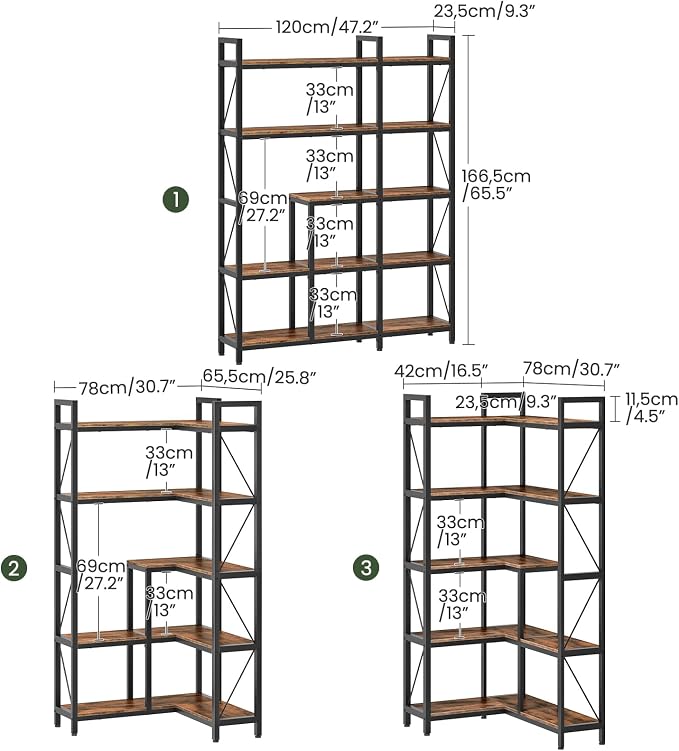 CHOEZON Corner Bookshelf, 5-Tier L-Shaped Bookcase, Corner Shelf with Metal Frame, Industrial Tall Display Shelf, for Living Room, Home Office, Bedroom, Rustic Brown TSJ12BF