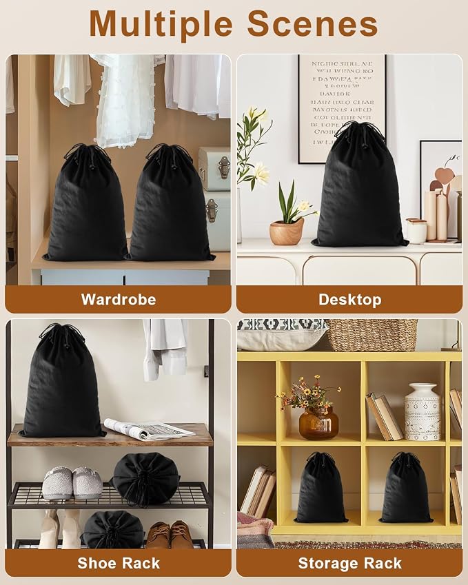 4 Pcs Shoe Bags for Travel, Dust Velvet Bags, Black Beauty, 17.3x12.6 Inch | Washable & Reusable Travel Shoe Bags, Dustproof Shoe Bags with Drawstring Closure, Suitable for Travel, Home Storage