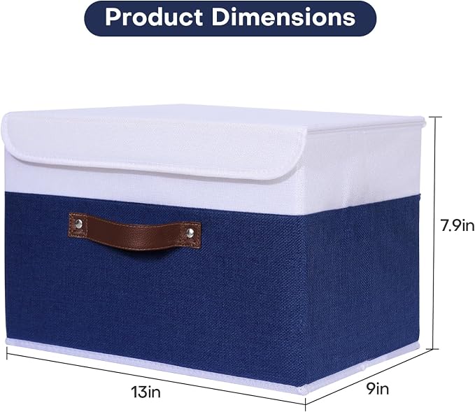 ANMINY Storage Boxes with Lids Washable Decorative Storage Bins Basket with PU Leather Handle Foldable Linen Fabric Storage Cubes Containers for Home Closet Organizer - Deep Blue White, Medium
