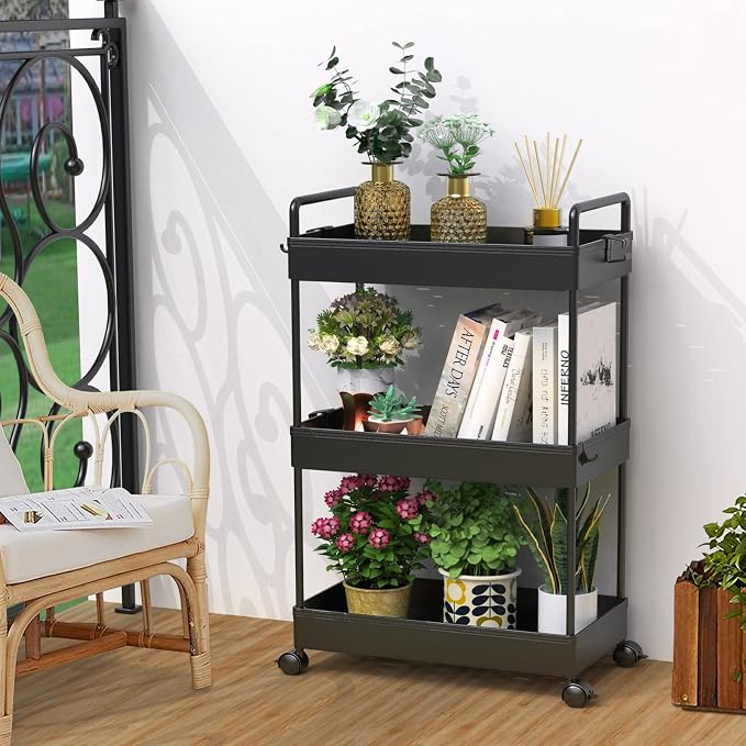 SOLEJAZZ 3 Tier Slim Rolling Storage Cart Organizer with Wheels, Black | Utility cart for bathroom, laundry, bedside, dorm&narrow spaces. Fits craft, nail, makeup, snack, art, diaper&baby essentials