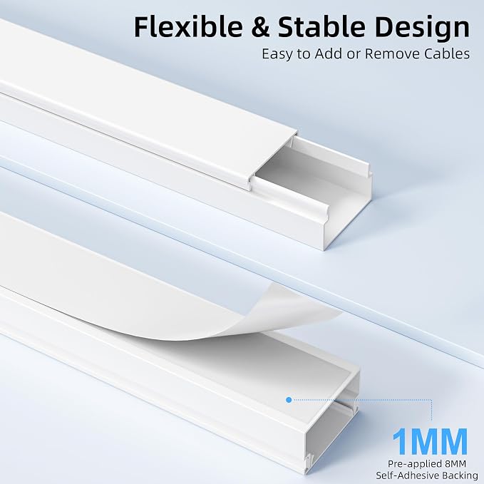 Delamu Cord Hider for Wall Mounted TV, 57in Paintable Cable Cover System, Self-Adhesive Cable Management Raceway Kit Hides 2-3 Wires, Baseboard Wire Hider Easy Installation, W 0.95 H 0.55in, White