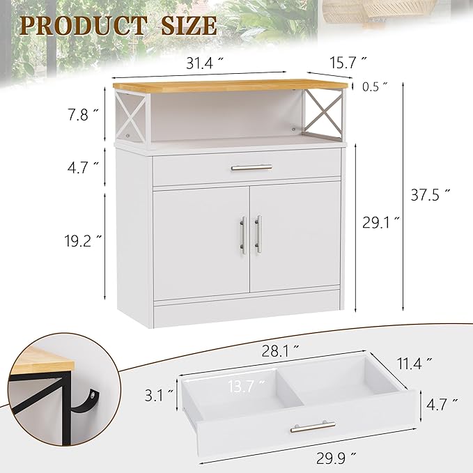 Meilocar Buffet Cabinet Kitchen Sideboard with Storage and Drawer, Farmhouse Storage Cabinet for Living Room, Dining Room, Hallway, White & Yellow Top