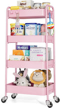 TOOLF 4-Tier Rolling Cart - Metal Storage Organizer with Lockable Wheels, 44 lbs Per Shelf Capacity, Tool-Free Assembly, for Kitchen Bathroom Office Laundry Room Nursery, Pink