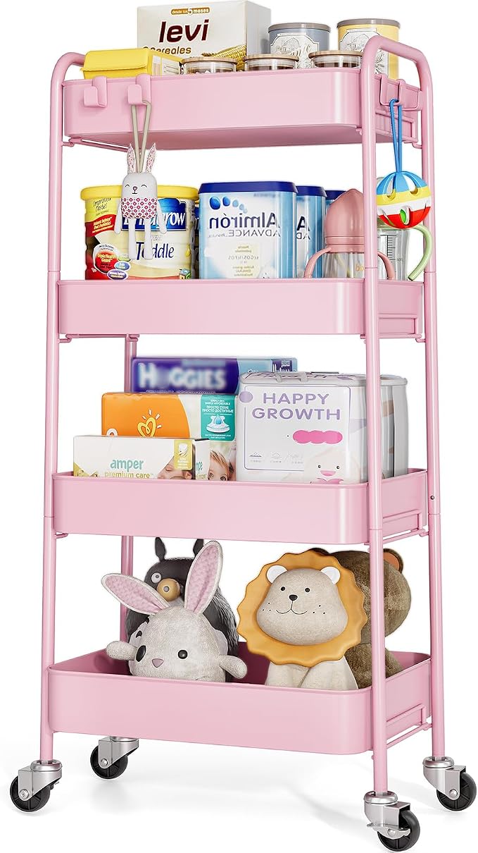 TOOLF 4-Tier Rolling Cart - Metal Storage Organizer with Lockable Wheels, 44 lbs Per Shelf Capacity, Tool-Free Assembly, for Kitchen Bathroom Office Laundry Room Nursery, Pink