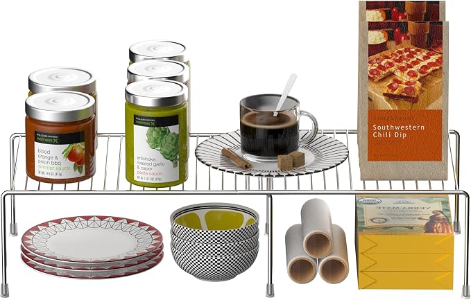 Redrubbit Cabinet Storage Shelf Rack, Expandable Metal Rustproof Kitchen Counter and Cabinet Shelf, Storage Rack Organizer Space Saver for Kitchen, Fridge, Cabinet, Bathroom, Chrome, Set of 6