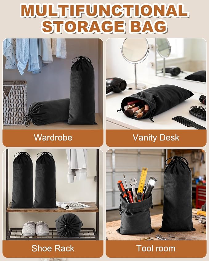 6 Pcs Single Shoe Bags for Travel, Velvet Bag, Black Beauty, 17.3x8.6 Inch | Washable & Reusable Travel Shoe Bags, Dustproof Shoe Bags with Drawstring Closure, Suitable for Travel, Home Storage