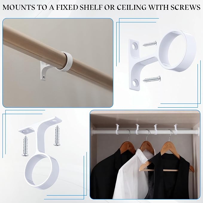 LEIFIDE 4 Pcs 1 5/16 Inch Diameter Round Wardrobe Closet Rod Suspended Center Support with Installation Screws Curtain Closet Rod Ceiling Mount Bracket for Home Wardrobe (White)