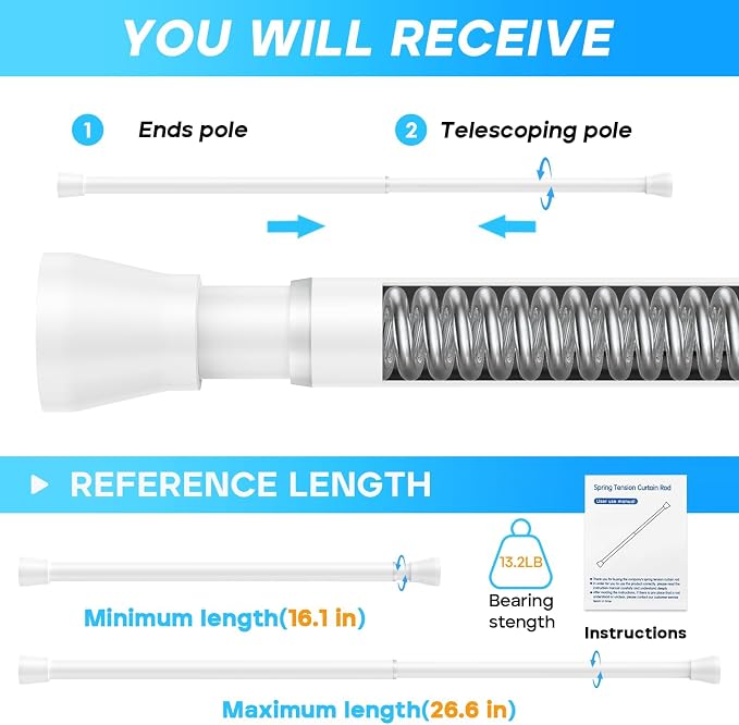 Small Tension Rod 16 to 26 Inch White Spring Curtain Rod No Drilling Spring Tension Rod 4pack Adjustable Curtain Rod Tension for Bookshelf Diy Projects Kitchen, Cupboard,Tension Rod