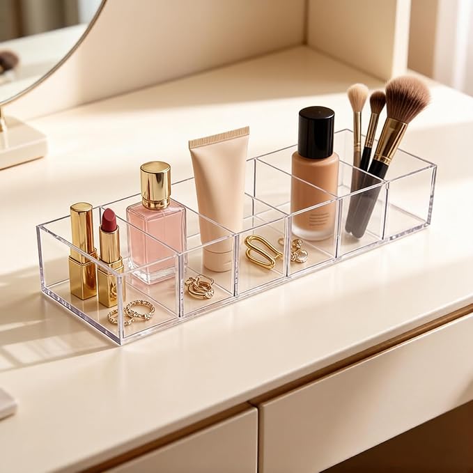 6-Compartment Clear Acrylic Organizer with Detachable Dividers, Eyeshadow Palette & Cosmetic Holder for Vanity Drawer, Cosmetic Station & Makeup Desktop