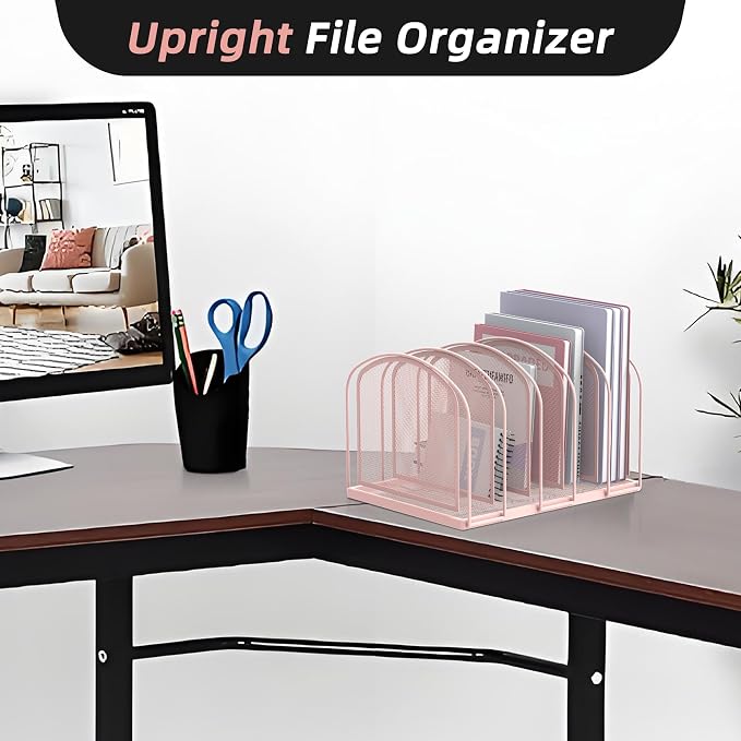 SUPEASY File Organizer for Desk, 5-Section Mesh Desk Organizer, Vertical File Holder Desktop Organizer File Sorter, File Folder Holder for Office Supplies, Pink