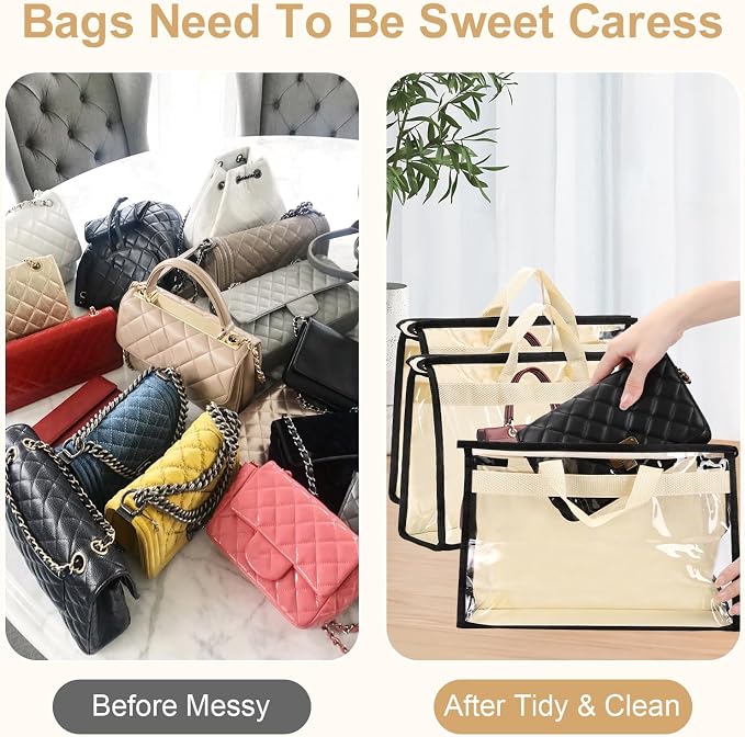 Dust Bags for Handbags,6 Pack Clear Handbag Storage Organizer,Purse Storage Bag with Zipper and Handle,Handbag Dust Bags for Closet Hanging Storage (6pcs L)