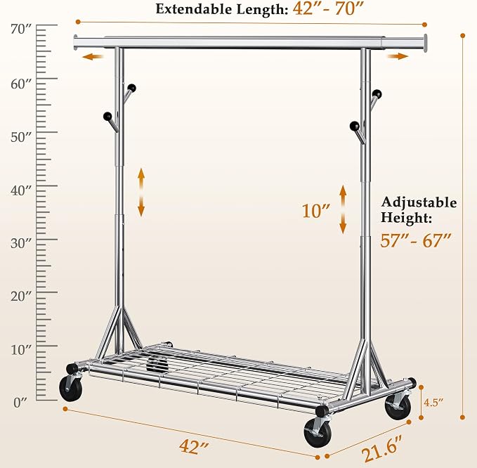 Gewudraw Clothes Rack Heavy Duty 630 LBS Capacity-Rolling Clothing Rack | Clothing Rack with Wheels,Shelf, Collapsible/Adjustable Height/Extendable, Portable Garment Rack For Wardrobe, Bedroom,Chrome