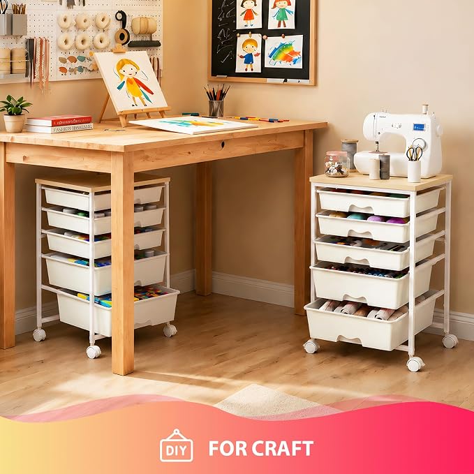 Goovilla Rolling Cart with Drawers, Utility Cart Organizer With 5 Removable Drawers and Wooden Tabletop, Lockable Rolling Storage Organizer for Art, Classroom, Home, Dorm, Office, Craft Storage, White
