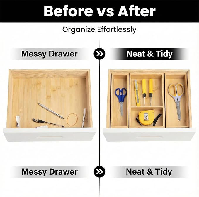 Bamboo Drawer Organizer Set, 5 Piece | Modular Wooden Storage Trays, Kitchen, Bathroom, Vanity Office Desk, Decluttering Solution, Makeup, Jewelry Office Supplies