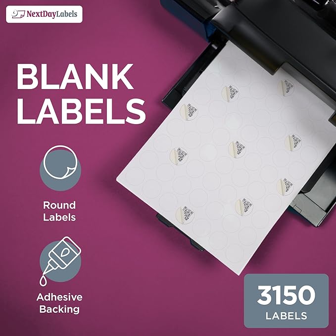 NextDayLabels 1 Inch Round Circle Stickers White Blank Labels for Laser Inkjet Printer - 63 Per Sheet Self-Adhesive Color Coding Organization Made in USA - 3150 Labels