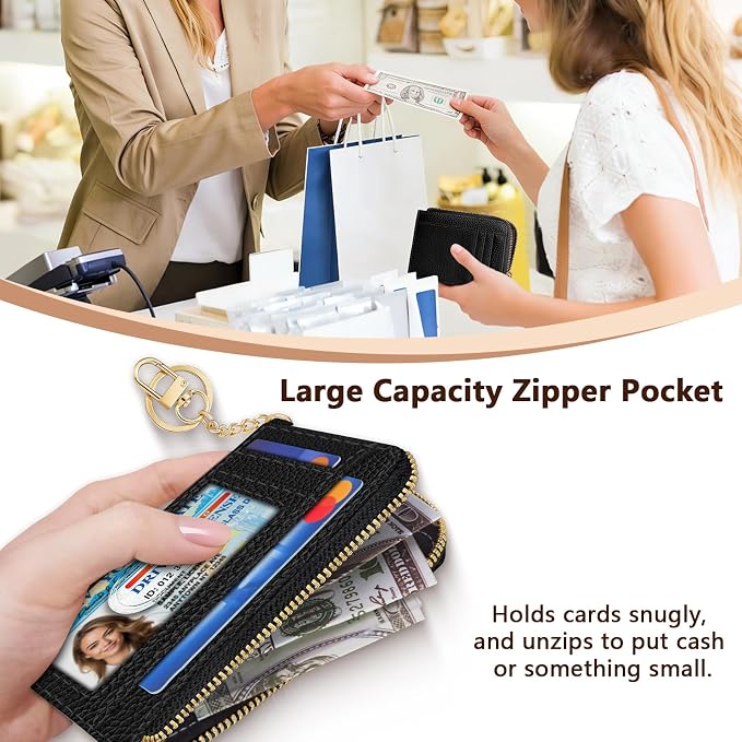 GIANCOMICS Slim Wallet Credit Card Holder Women, Rfid Blocking Black Small Card Case, Keychain Thin Pocket Curved Zipper Wallet, Travel Card Holder PU Leather ID Window, Ladies Female Gifts