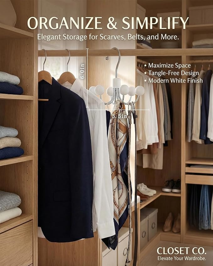 4 Pack Hoodie Hangers 360° Swivel Hooks with Wood Balls for Storage, White | Hanging Closet Hat Purse Tanktop Handbag Necklace Organizer Bra Hanger and Storage Save Space
