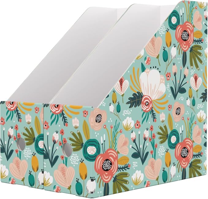 ANSSDO 12 Pack Cardboard Magazine File Holder Organizer - Teal Floral | 24 Pieces Lable Included; Large Volume Recycable Cardboard Storage Box; Easy Assemble and Label