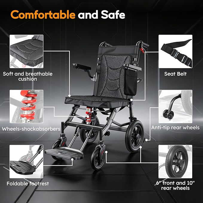 18" Widened Seat Wheelchairs for Adults,Transport Wheelchair Lightweight Foldable, Adjustable Backrest,1s Quick Folding, Two-Stage Braking, Portable Wheelchair for Travel, Hospital & Home Use(Black)