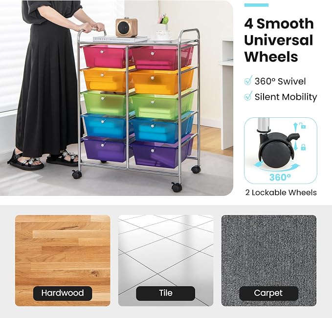 BECOMFORT 10-Drawer Rolling Cart with Drawers, Storage Cart on Wheels, Teacher Classroom Organizers with Metal Frame, Mobile Craft Cart, Trolley Utility Cart for School Office Play Room