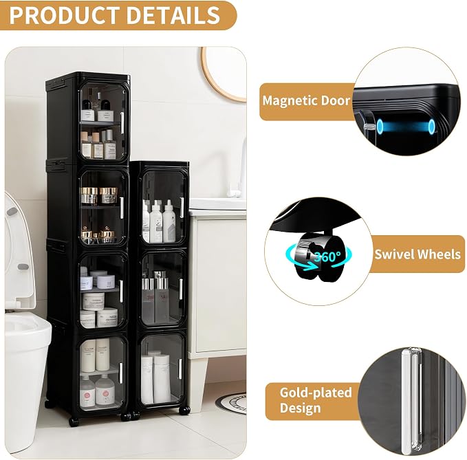 2-Tier Narrow Slim Bathroom Storage Cabinet with Wheels, Black | Tool Free Assembly, Adjustable Shelves, Fits for Narrow Spaces, Reinforced Stability, Magnetic Clear Door