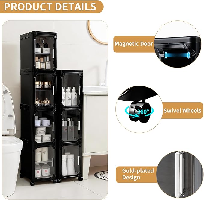 5-Tier Tall Narrow Slim Bathroom Storage Cabinet, Black | Tool Free Assembly, Adjustable Shelves, Fits for Narrow Spaces, Reinforced Stability, Magnetic Clear Door
