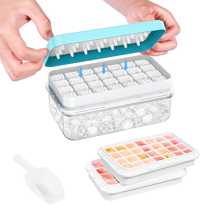 0.8“ Ice Cube Tray with Lid and Bin, PHINOX 56 Cubes Ice Trays for Freezer, Ice Cube Trays for Freezer with 2 trays, Container, Lid & Ice Scoop, BPA Free, Blue(28Cubes/Tier)