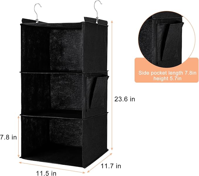 BOOMIBOO Hanging Closet Organizer and Shelves, 4 Shelves with 1 Side Pockets, Foldable, Grey Fabric, Modern Style, for Bedroom and Dorm Room (Black)