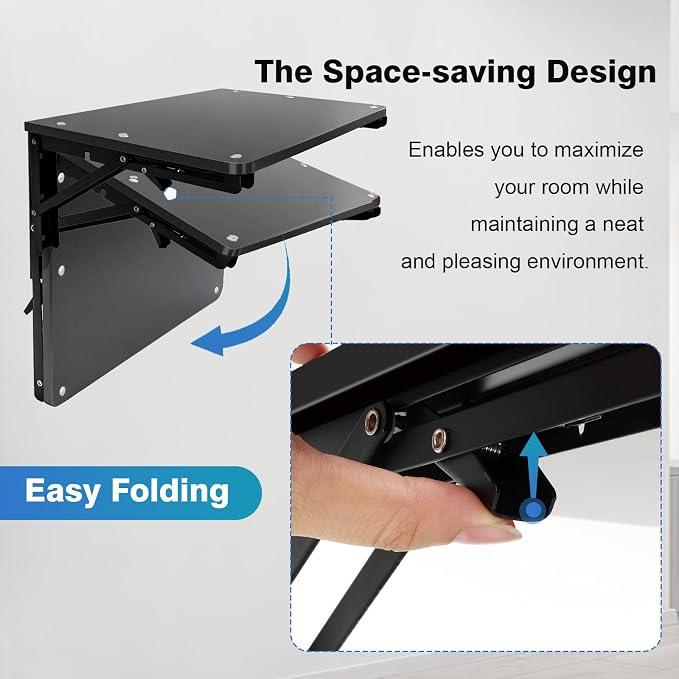 Folding Wall Desk for Small Space, Black 21.7″ Wooden Floating Table | Foldable Shelf Wall Mounted for Office Living Room Bedroom, Media Projector Shelves with 2 Heavy-Duty Brackets Holds Up 80lbs