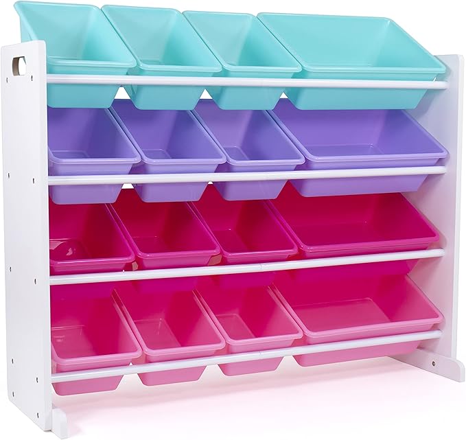 Humble Crew Toy Storage Organizer with 16 Removable Storage Bins for Kids Playroom, 4-Tier Toddler Toy Organization and Storage, White/Blue/Pink/Purple