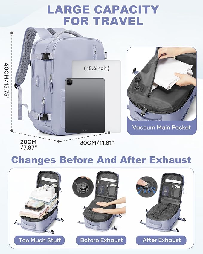 WONHOX Vacuum Seal Backpack for Travel with Air Pump 18x14x8 inches Vacpack Carry on Flight Approved Compression Daypack Laptop Space Saver Bag Storage with Vacuum System Travel Bags Women TaroPurple