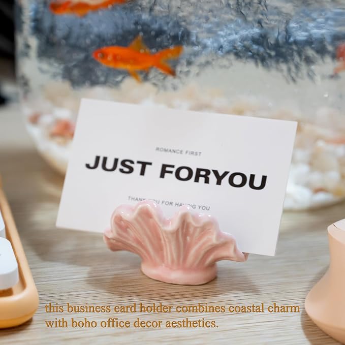 Ceramic Shell Business Card Holder Set of 3 - Pink, White, Blue - Boho Vertical Desk Organizer and Business Card Display for Office,Wedding,Home Decor- Cute Desk Accessories and Unique Gift
