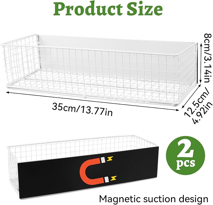 2 Pack Magnetic Basket for Fridge, Magnetic Spice Rack for Side of Refrigerator, Magnet Wire Bin Basket Fridge Shelf Organizer Kitchen Classroom Whiteboard Pantry Office Laundry Storage, White
