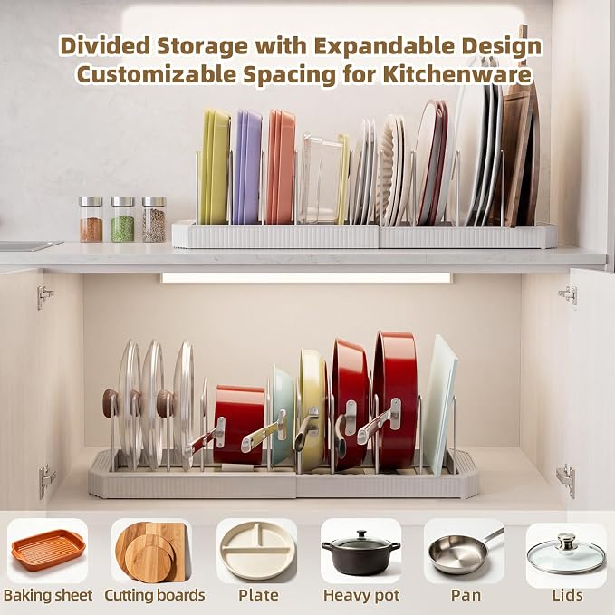 2 Pack Expandable Pot Lid Organizer, 22" Adjustable Pot and Pan Holder Under Cabinet with 10 Dividers, Inside Kitchen Cabinet Storage Rack for Baking Sheets, Cutting Boards, Cookware